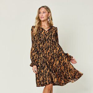 Double Take Full Size Printed Ruffle Hem Long Sleeve Dress